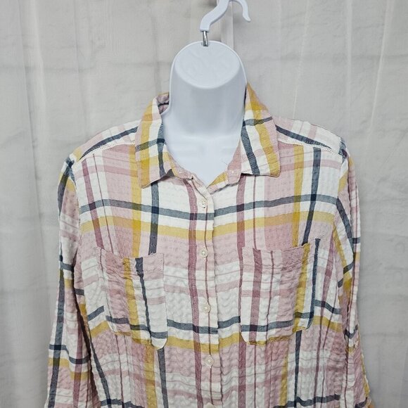 Pink Yellow Plaid Button Down Midi Shirt Dress Tunic Preppy Boho M - Picture 2 of 13
